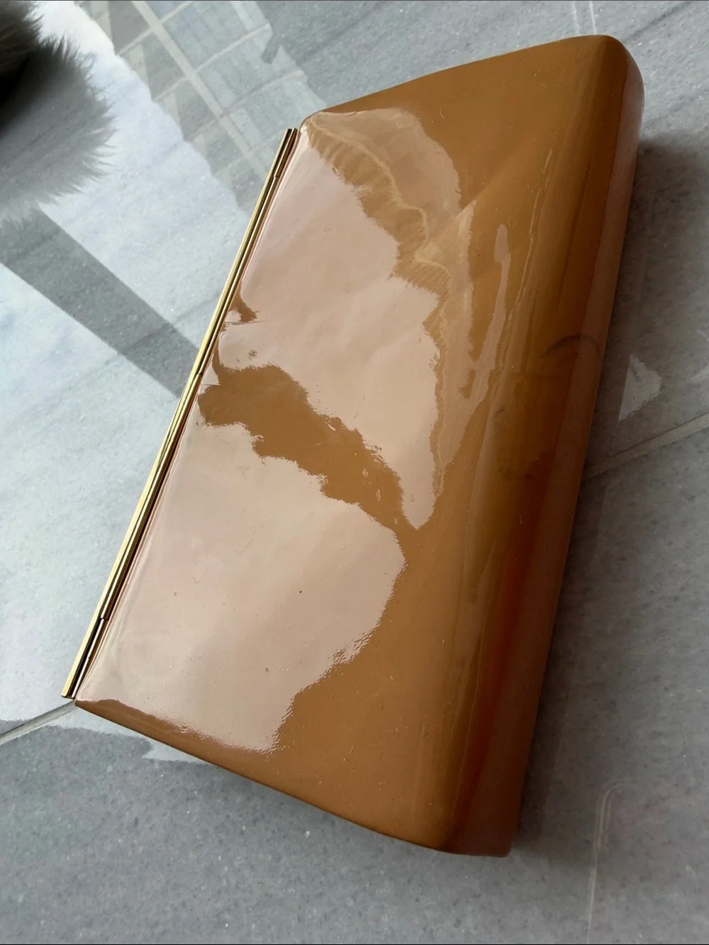 Jimmy Choo Tan Patent Leather Clutch with Gold Trim